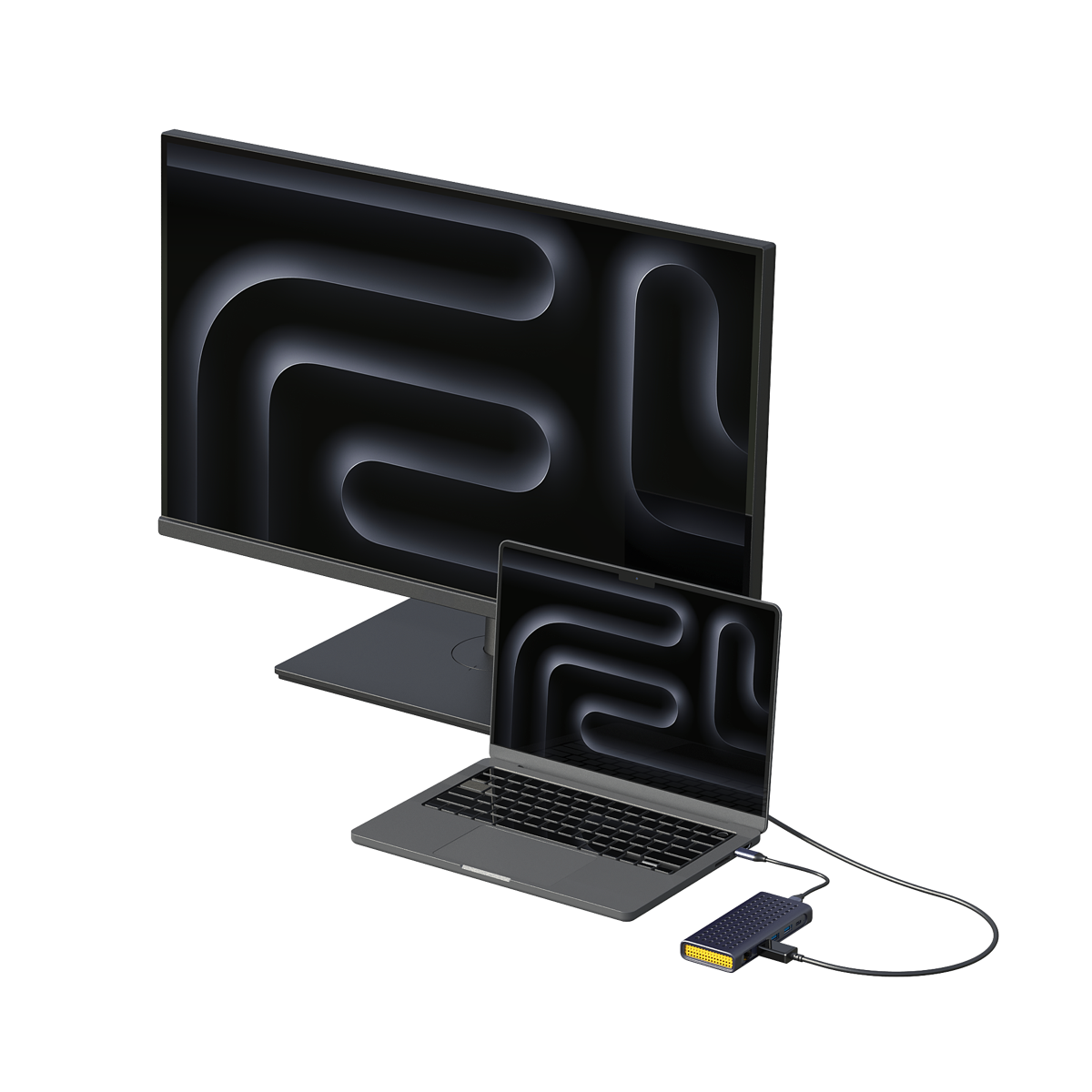 A MacBook connected to an external monitor through AppToGo